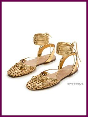 Woven Lace Up Ballet Flats with Bow, Closed Square Toe, Casual Sandals